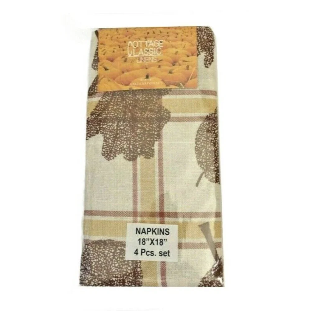 Thanksgiving Imprint Leaves Plaid Fabric Napkins Country Cabin Lodge Set of 4